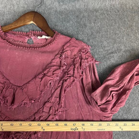 143 Story Maroon Acid Wash Top Sz L Raw Hem Pioneer Renaissance Ruffled Rayon - Picture 7 of 8